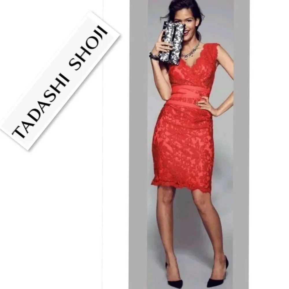Tadashi Shoji Paillette Lace Double V-Neckline Cocktail Dress Coral / Coral Sz 6